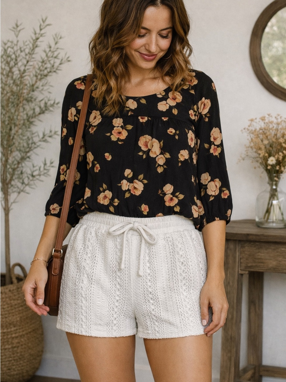 She + Sky White Crochet Shorts— Small
